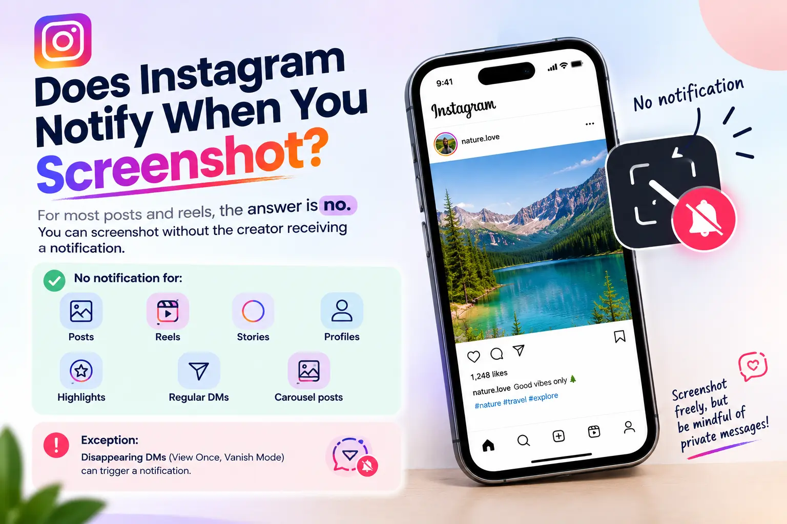 Instagram screenshot notification infographic showing that Instagram generally does not notify users when they screenshot posts, Reels, Stories, profiles, Highlights, or regular DMs, with disappearing messages as an exception.