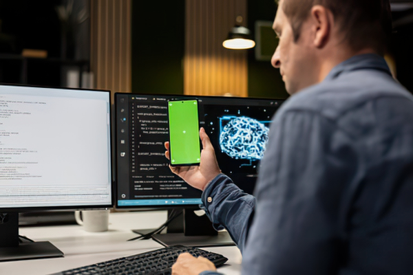 person working on multiple screens