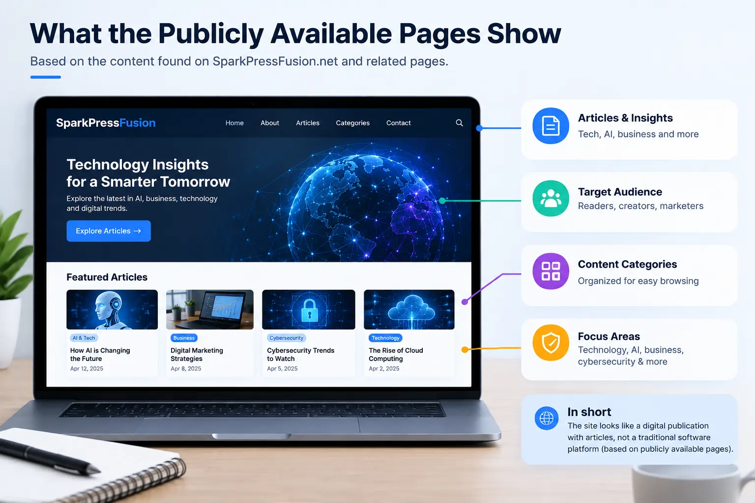 Infographic showing SparkPressFusion’s publicly available pages, highlighting its technology, AI, business, and cybersecurity articles, content categories, target audience, and digital publishing focus.