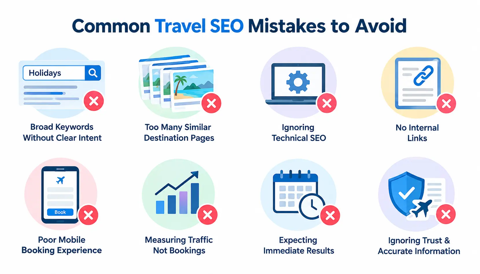 Common travel SEO mistakes infographic covering broad keywords, duplicate destination pages, technical SEO issues, missing internal links, poor mobile booking, traffic-focused metrics, unrealistic expectations, and inaccurate travel information.