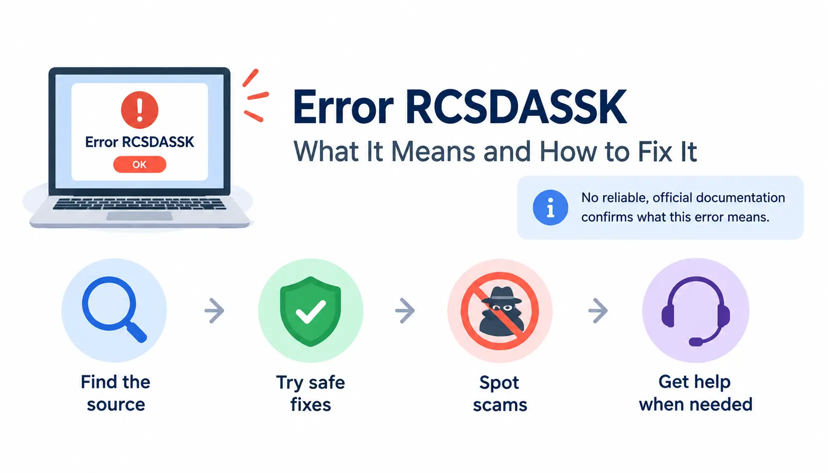 Error RCSDASSK troubleshooting infographic showing how to identify the error source, try safe fixes, avoid scams, and contact support.