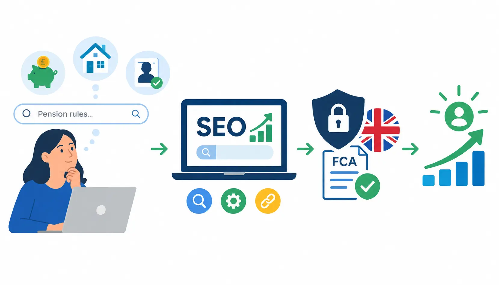 SEO for financial services in the UK, showing online financial research, SEO optimisation, FCA compliance, trust and organic growth.