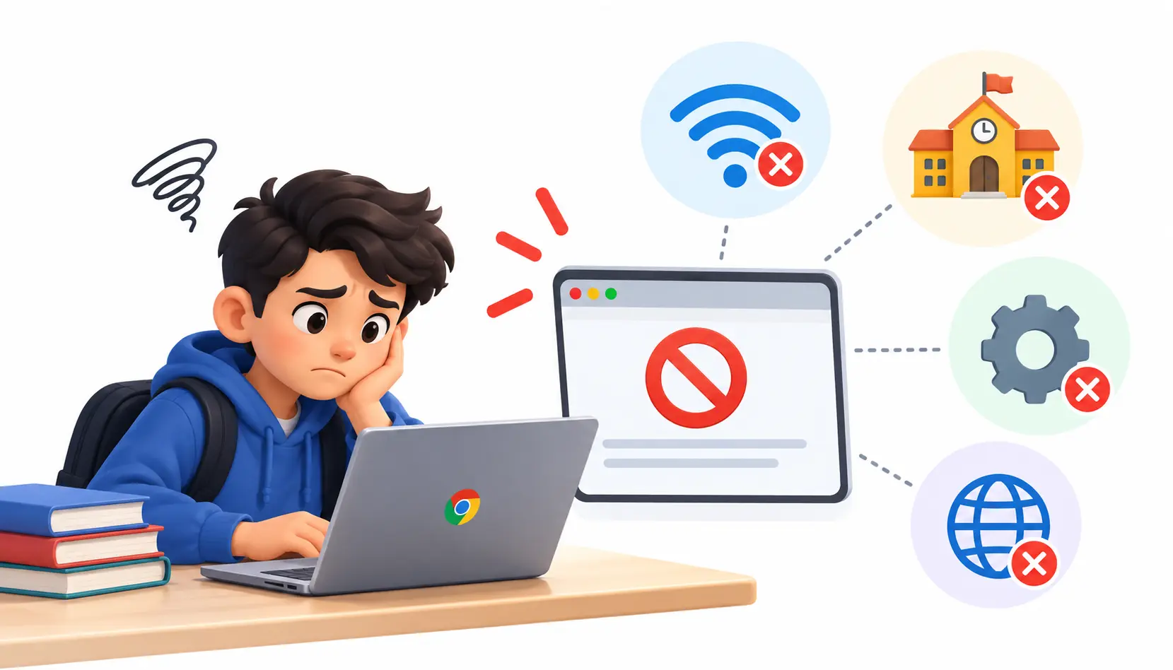 Student using a Chromebook with a blocked website error, illustrating common causes such as school Wi-Fi restrictions, administrator policies, browser settings, and website access issues.